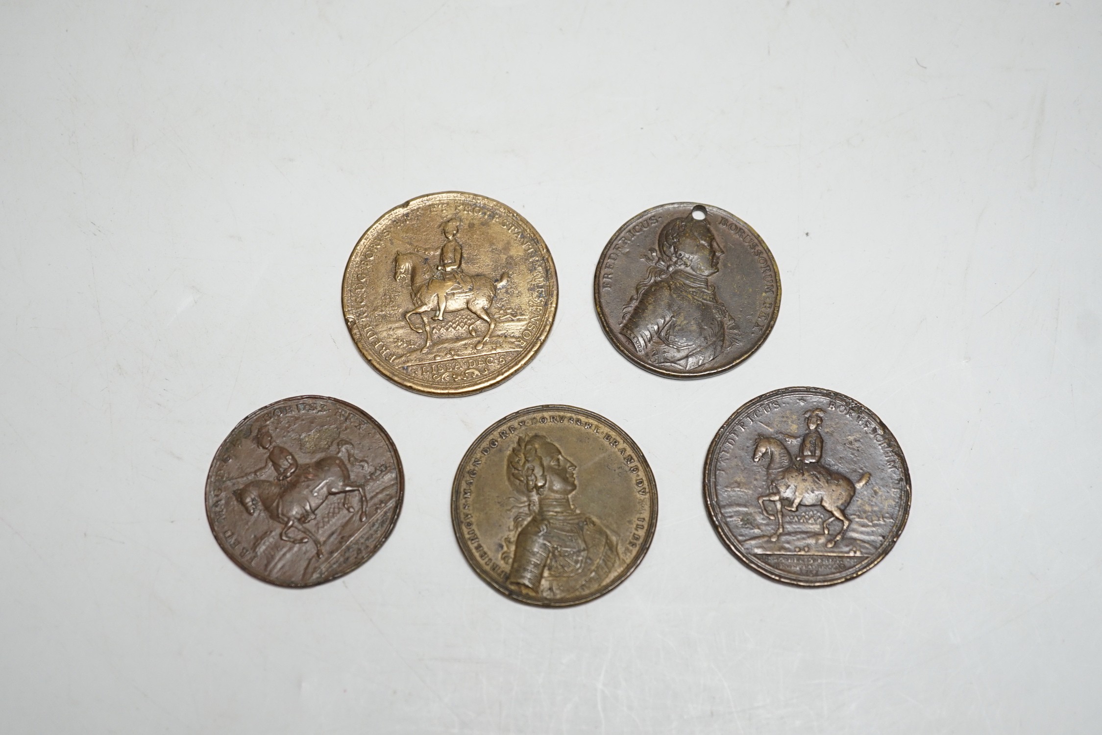 Five 18th century Prussia commemorative medals – a Frederick bronze medal 1757 (holed), three Battle of Rosbach and Lissa bronze medals 1757 and a Capture of Breslaw bronze medal 1757